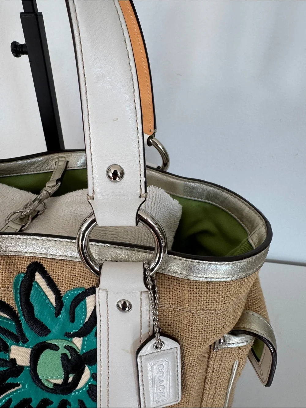 Coach Limited Edition Bumble Bee Floral Tote with White Trim and Green Interior